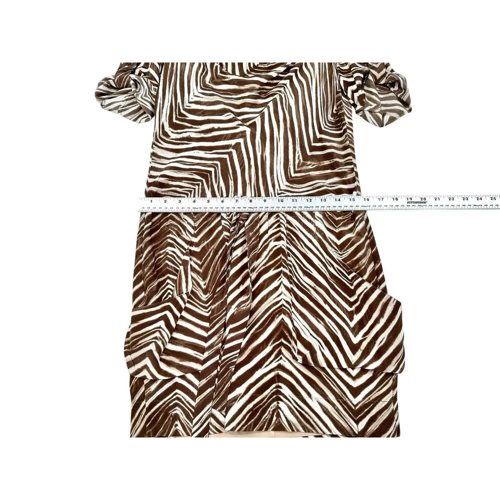 BCBGMAXAZRIA Silk Zebra Mini Dress XS Brown Ivory Belted Ruched Sleeve Pockets